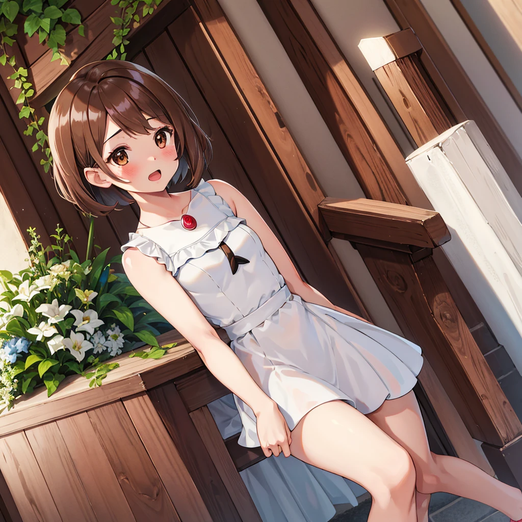 masterpiece, Highest quality, High resolution, Gloria1, 1 Girl, Gloria\(Pokémon\), Brown Hair, , Brown Eyes, , Short Hair, , Bobcut, bangs, , 　１Describe a girl carefully　１Girl　Expression in love　blush　Open Mouth　blush　church　Wedding dress（mini skirt）　