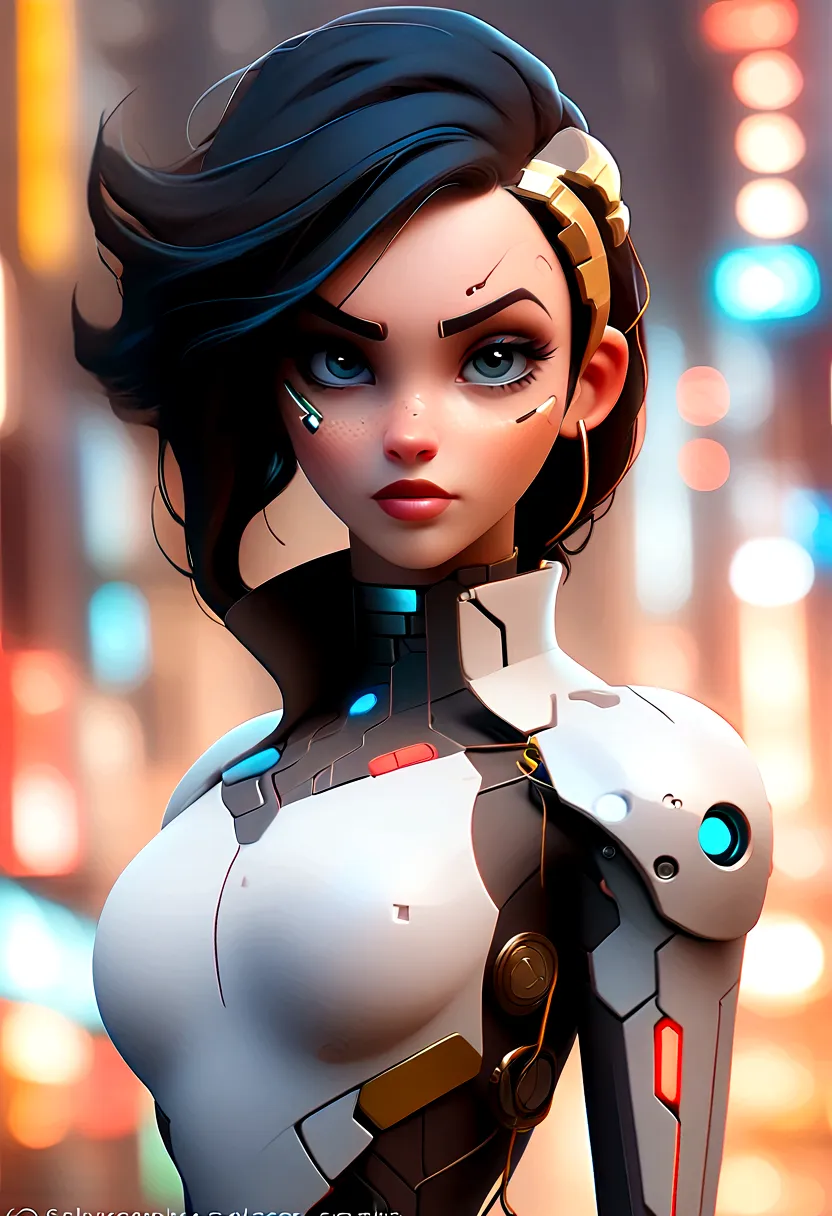 "cyborg girl with metallic features, glowing blue eyes, and futuristic attire, in a dystopian cityscape at night. add a sense of...