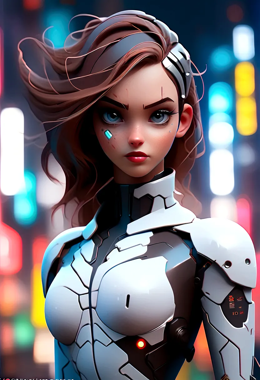 "cyborg girl with metallic features, glowing blue eyes, and futuristic attire, in a dystopian cityscape at night. add a sense of...