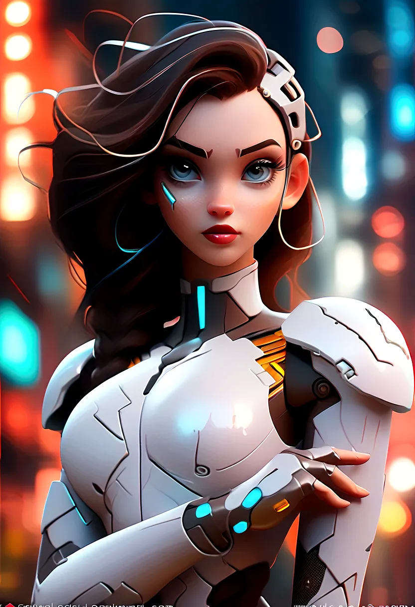 "cyborg girl with metallic features, glowing blue eyes, and futuristic attire, in a dystopian cityscape at night. add a sense of...