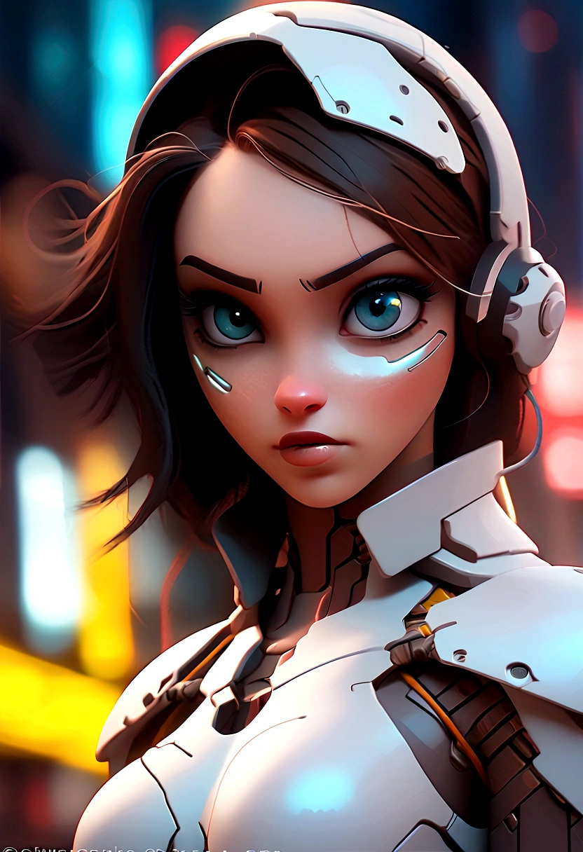 "Cyborg girl with metallic features, glowing blue eyes, and futuristic attire, in a dystopian cityscape at night. Add a sense of mystery and intrigue with a dark color palette, neon lights, and cyberpunk elements. Emphasize the contrast between technology and humanity, blending organic and mechanical elements seamlessly. Capture the essence of a cybernetic world with detailed textures, intricate circuitry, and reflections on the metallic surfaces. Aim for a high-quality and visually captivating illustration that showcases the futuristic cyborg concept."