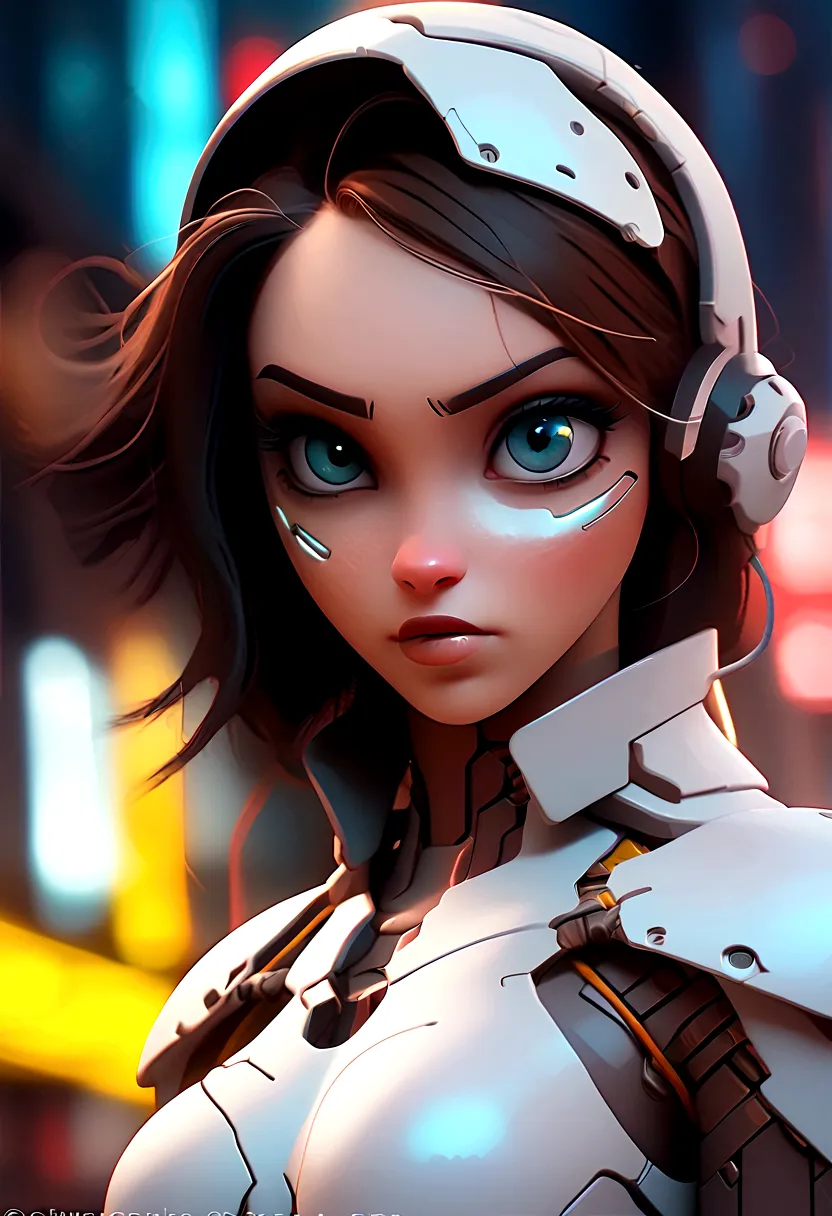 "cyborg girl with metallic features, glowing blue eyes, and futuristic attire, in a dystopian cityscape at night. add a sense of...