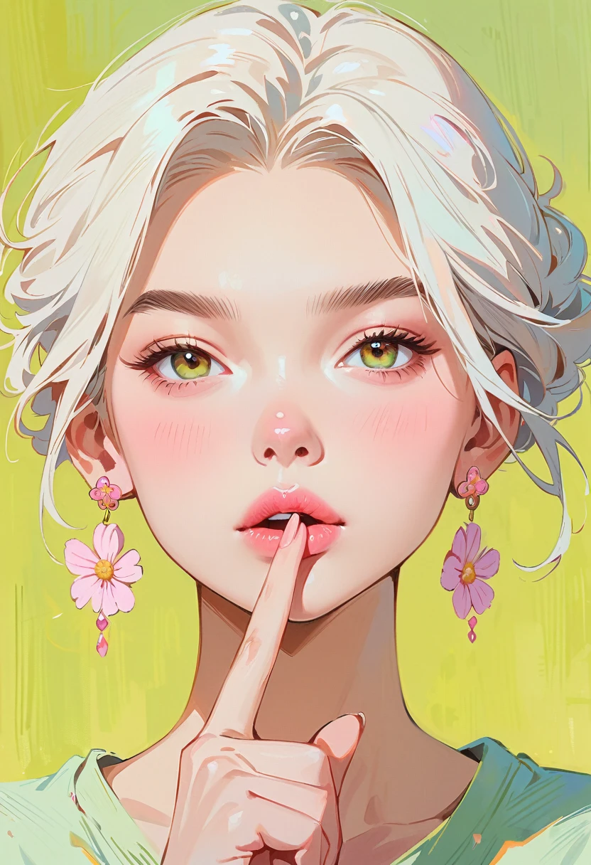 (masterpiece, best quality:1.2), 1 girl, Solitary，anime style，White hair, Girl with pink lips and light floral earrings puts finger on mouth，With the style of a top portrait painter, Yellow-green background.