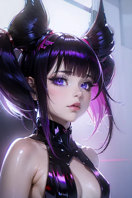beautiful Alluring  Fantasy , Purple and black stripes, , Ruffled Costume, Twin tail hairstyle,  Unlucky, Dark fantasy, detailed, Digital Art, Attention to detail, Polished, beautiful, 超detailedな, complicated, Elaborate, Scrupulous, Anime characters, detailed, Anime Face, Sharp focus, Unreal Engine, 3D Rendering, Volumetric lighting, reflection, Shiny, Digital Illustration, Pause, Suggestive Pause, Full Body Shot, 