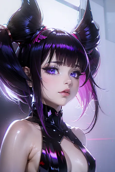 beautiful Alluring  Fantasy , Purple and black stripes, , Ruffled Costume, Twin tail hairstyle,  Unlucky, Dark fantasy, detailed...