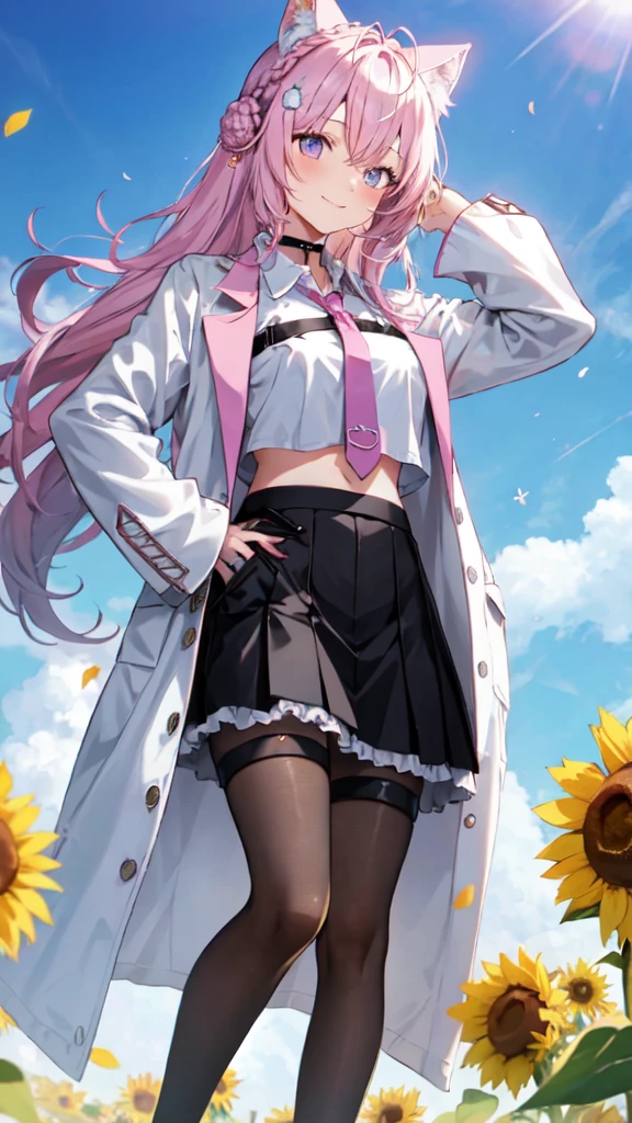 cute ,alone, Wind, smile, Lens flare, dramatic, Coastal, Flying petals, flowery Field, sun, Field, sunflower, masterpiece, long hair, hair bun, double bun, braided bun, crown braid, hexagon, choker, black choker, necktie, pink necktie, shirt, white shirt, collared shirt, crop top, crop top overhang, fingernails, nail polish, pink nails, watch, pocket watch, midriff, navel, belt, skirt, miniskirt, black skirt, pleated skirt, frills, frilled skirt, test tube, pantyhose, black pantyhose, thigh strap, shoes, black footwear, high heels, coat, labcoat, white coat, open coat, open clothes, long sleeves, sleeves past wrists, pocket