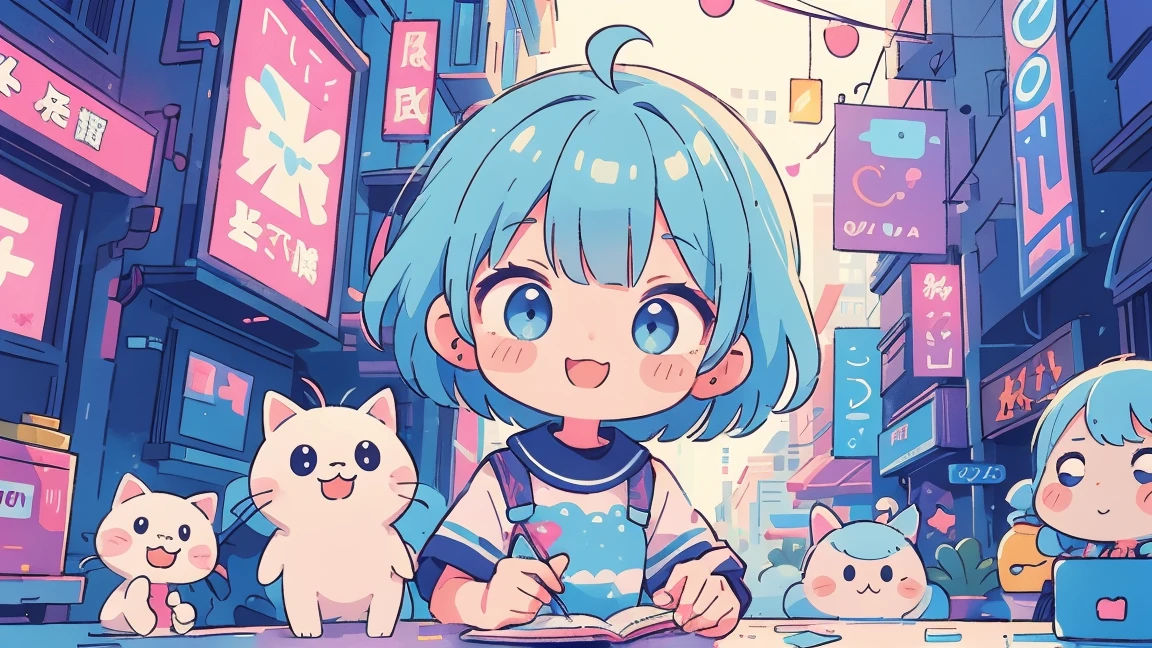 Vibrant art,pop、bright、colorful, 1 female, Light blue hair,　short hair、Happy,cute, animation style, kawaii, clearly, colorful cyberpunk, bubblegum pop, cute、Pink and light blue as main colors、I&#39;m cheering loudly、　Headphonesをしている、Headphones、music、