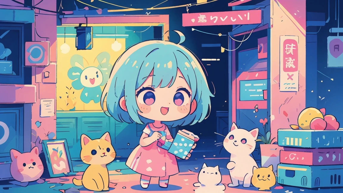 Vibrant art,pop、bright、colorful, 1 female, Light blue hair,　short hair、Happy,cute, animation style, kawaii, clearly, colorful cyberpunk, bubblegum pop, cute、Pink and light blue as main colors、I&#39;m cheering loudly、　Headphonesをしている、Headphoneusic、