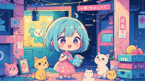 Vibrant art,pop、bright、colorful, 1 female, Light blue hair,　short hair、Happy,cute, animation style, kawaii, clearly, colorful cy...