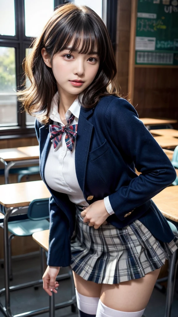 masterpiece, best quality, illustration, Super detailed, fine details, High resolution, 8K,wall paper, perfect dynamic composition,(Details High quality, realistic depiction of eyes:1.3), from side, High School Classroom、High school girl uniform、blazer 、Super Short Check Uniform Skirt、Navy blue high socks、garterbelts、Colossal tits、Disturbed uniform,  short hair, (wavy hair:1.2), short bob hair, black hair color, large breasts, Big Natural Color Lip, acrobatic pose, perfect body shape, crying a little、Harajuku style、20 year old girl、cute type, beautiful legs, hposing Gravure Idol, Voluptuous thighs