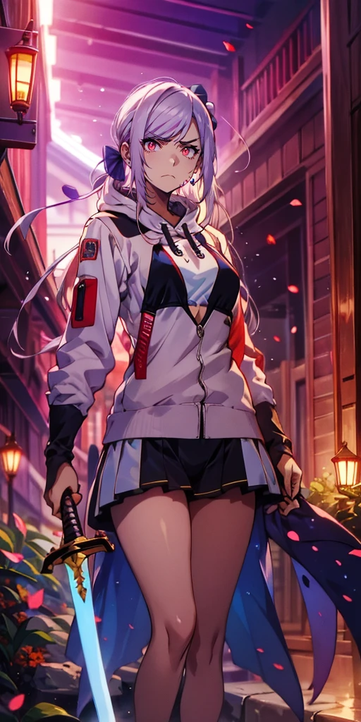 (silver hair:1.3), long hair, ribbon, twintail, red eyes, 1girl, solo, sword, holding_sword, jewelry, standing, looking_at_viewer, sakura, plants, rock, backlighting, bokeh falling petals, HD, holding_sword, breasts, cropped hoodie, black bikini, long sleeves, hollow eyes, red eyes, looking at viewer. glowing eyes, (heavy breathing:1.2), (annoyed:1.2), 