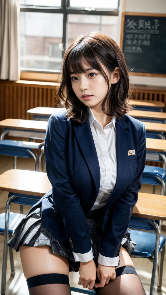 masterpiece, best quality, illustration, Super detailed, fine details, High resolution, 8K,wall paper, perfect dynamic composition,(Details High quality, realistic depiction of eyes:1.3), from side, High School Classroom、High school girl uniform、blazer 、Super Short Check Uniform Skirt、Navy blue high socks、garterbelts、Colossal tits、Disturbed uniform,  short hair, (wavy hair:1.2), short bob hair, black hair color, large breasts, Big Natural Color Lip, acrobatic pose, perfect body shape, crying a little、Harajuku style、20 year old girl、cute type, beautiful legs, hposing Gravure Idol, Voluptuous thighs