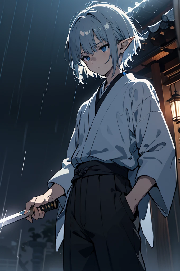 8K, photorealistic, highly detailed, アニメ, 1 elf boy, deep blue eyes, light silver short hair, slacks, japanese style, rain, holding a sword in left hand, sad expression, looking down, cinematic lighting, moody atmosphere, intricate details, fantasy, dramatic, Japanese style architecture