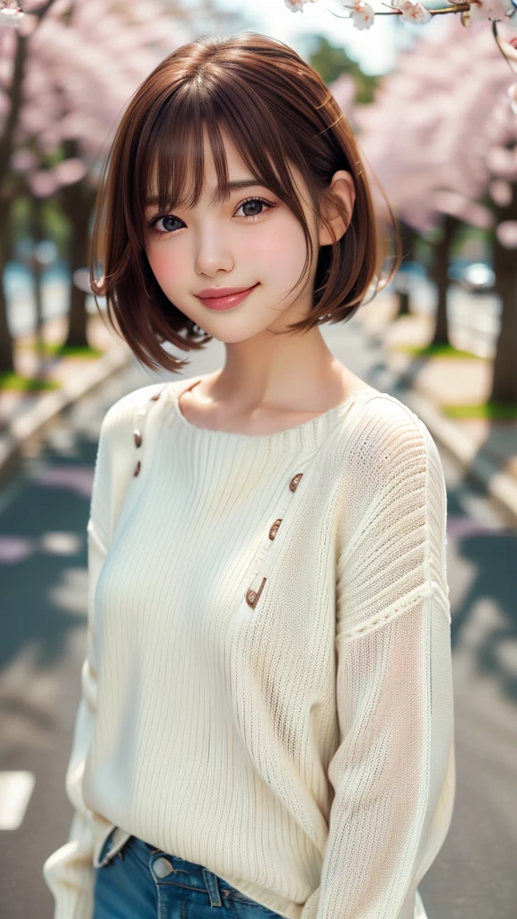 1 Girl,(ivory sweater:1.4),, (RAW Photos, Highest quality), (Realistic, Photorealistic:1.4), Tabletop, Very delicate and beautiful, Very detailed, 8k wallpaper, wonderful, finely, Very detailed CG Unity, High resolution, Soft Light, Beautiful and detailed 19 year old girl, Very detailed目と顔, Beautiful and detailed nose, finely beautiful eyes,Cinema Lighting,Standing on top of a row of cherry blossom trees,Perfect Anatomy,Slender body,smile  (Asymmetrical bangs, Light brown hair,)、Ample breasts、Blonde