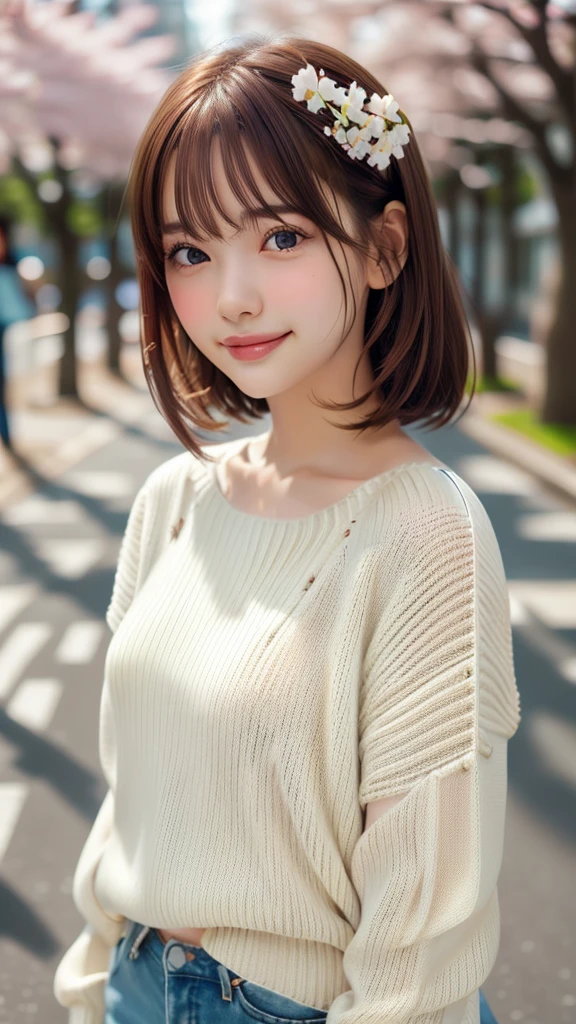 1 Girl,(ivory sweater:1.4),, (RAW Photos, Highest quality), (Realistic, Photorealistic:1.4), Tabletop, Very delicate and beautiful, Very detailed, 8k wallpaper, wonderful, finely, Very detailed CG Unity, High resolution, Soft Light, Beautiful and detailed 19 year old girl, Very detailed目と顔, Beautiful and detailed nose, finely beautiful eyes,Cinema Lighting,Standing on top of a row of cherry blossom trees,Perfect Anatomy,Slender body,smile  (Asymmetrical bangs, Light brown hair,)、Ample breasts、Blonde