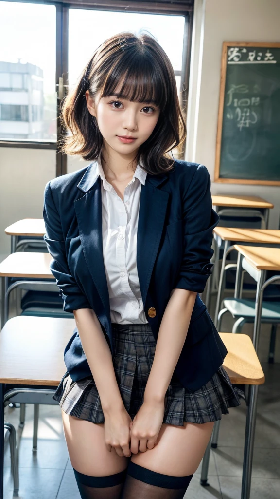 masterpiece, best quality, illustration, Super detailed, fine details, High resolution, 8K,wall paper, perfect dynamic composition,(Details High quality, realistic depiction of eyes:1.3), High School Classroom、High school girl uniform、blazer 、Super Short Check Uniform Skirt、Navy blue high socks、garterbelts、Colossal tits、Disturbed uniform,  short hair, (wavy hair:1.2), short bob hair, black hair color, large breasts, Big Natural Color Lip, acrobatic pose, perfect body shape, crying a little、Harajuku style、20 year old girl、cute type, beautiful legs, hposing Gravure Idol, Voluptuous thighs