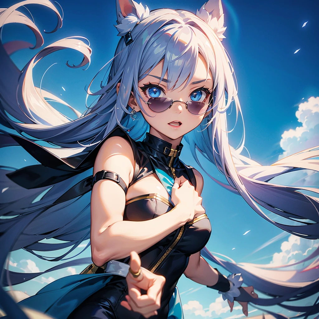 1girl、Dynamic composition、Magic wand、((Perspective Lens, A woman with white and light blue straight long hair,  Dynamic poses with serious and mean expressions, 大きな長いMagic wandを構える両手 )) ((Pure Blue Background:1.2)),Anime Style、detailedな目、Perfect toned body shape、Looks like she&#39;s in her early 20s,Shooting in mid-motion,With her long braided hair fluttering. Her outfit reminds me of a fairy.,Black and blue color palette,Be playful、Super huge、detailed、whole body、