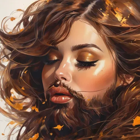 bearded bearded woman, brown hair, amber eyes, kisses the void with her mouth, eyes closed