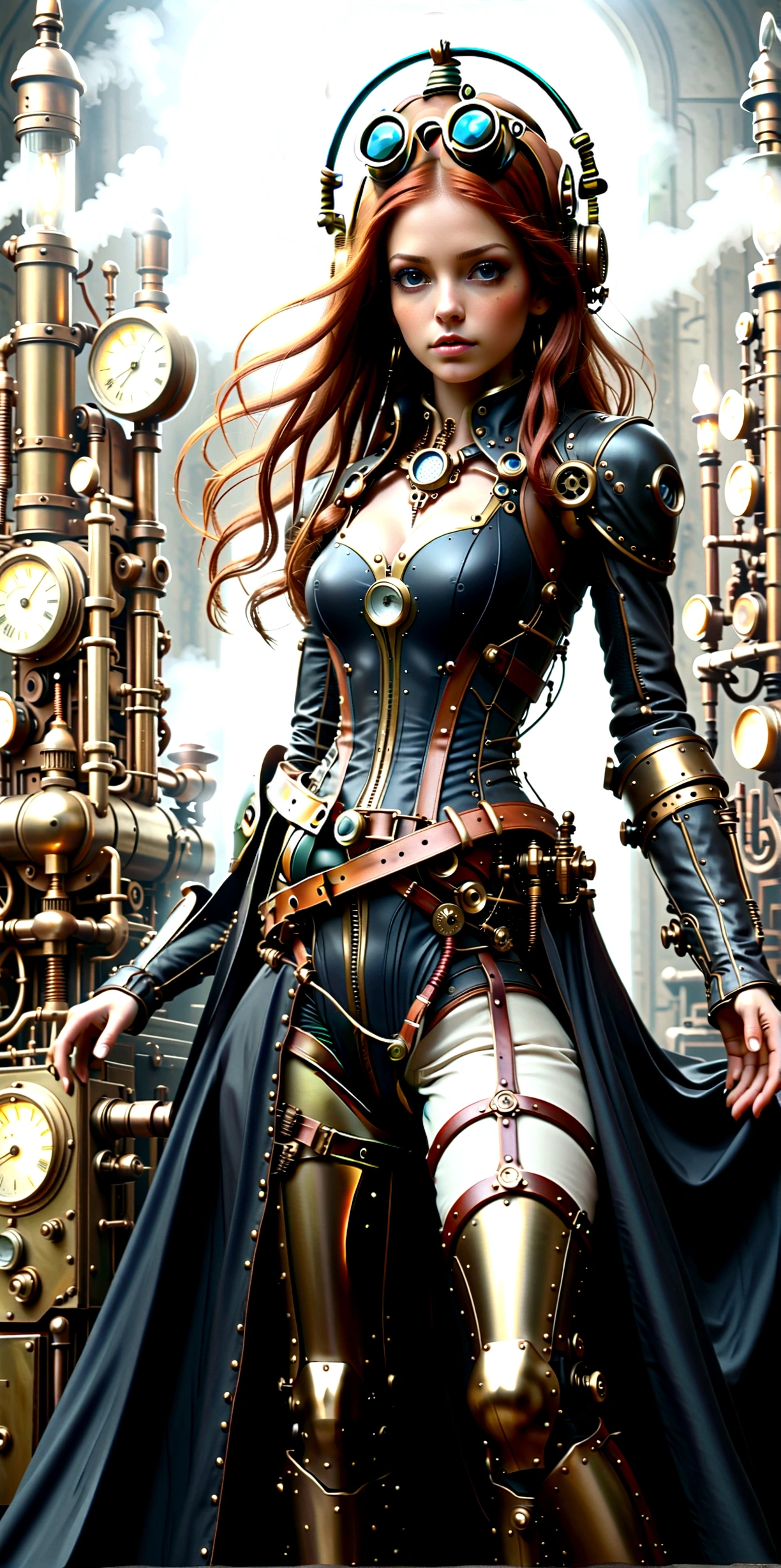 ganzkörper, ganzkörper bild(head to toe in frame)((Masterpiece)),mfbp1, (Best Quality), (Cinematic),(Extremely detailed CG Unity 8k wallpaper), 1 girl, fit,Delicious company, small breasts,(no goggles on face)(very long redhair),one Stunning red-haired steampunk woman who lost her forearm in an accident received a beautifully designed, fine and perfectly fitting robotic prosthesis (steampunk style) as a replacement, posing coolly in front of machines and factories. With this prosthesis she shows us a sealed, delicate poison glass bottle with blue liquid in it. Hand-forearm prosthesis made of brass and leather. She wears tight-fitting clothing (steampunk leather suit with cut-outs on hips and belly and buckles).the forearms are nude to show the prothetic arm, hoes and decorative wielding goggles in her hair on head, also made of brass and leather. The landscape is a bit gloomy, but also impressive.,1 line drawing,make up,steampunk style
