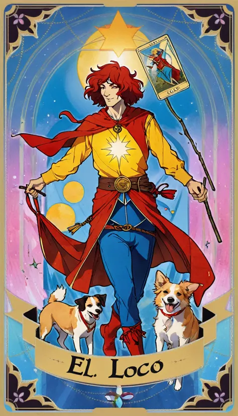 tarot card, the fool, happy man next to a dog walks with a bag tied to a stick, bright sun, tarot card frames ((text on card: "e...