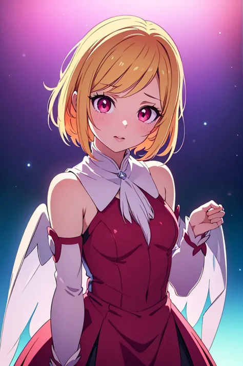 a tomboyish magical girl, full body looking embarrassed at viewer, short blond hair, red eyes, wearing a magical girl outfit, an...