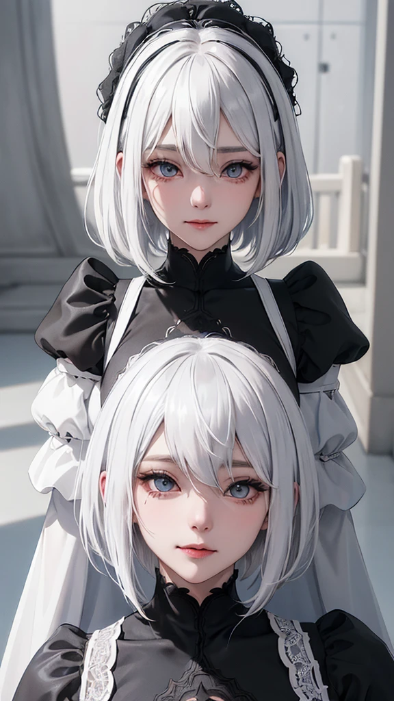 ((High quality)),masutepiece,(Detailed depiction of local details:1.2),1girl in,Blue eyes,Plump breasts,Enchanted Valley,Closed mouth,Eyelashes,Portrait,Solo,White hair,black theme,Short hair,Silver hair,Yorha No. 2 Type B,(((White hair and black hair)))、Full body view、((Two girls dressed similarly))((White wedding dress vs black wedding dress))((Two people smiling))((Light skin and dark skin))(((Black Hair、Dark Skin、Woman in Black Dress)))