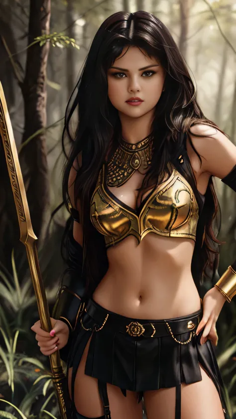 (Selena Gomez) as Xena, warrior princess, black long hair, bangs, armor, golden patterns, midriff, navel, hihg knee boots on hee...