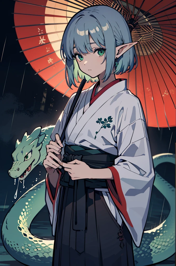 8K, Realistic, Very detailed, anime, 1 Elf Boy, Deep blue-green eyes, Light silver short hair, Wearing hakama, Japanese style, rain, Holding a sword in his left hand, Look down, Cinema Lighting, Gloomy atmosphere, Intricate details, Fantasy, dramatic, Japanese style建築, Snake umbrella