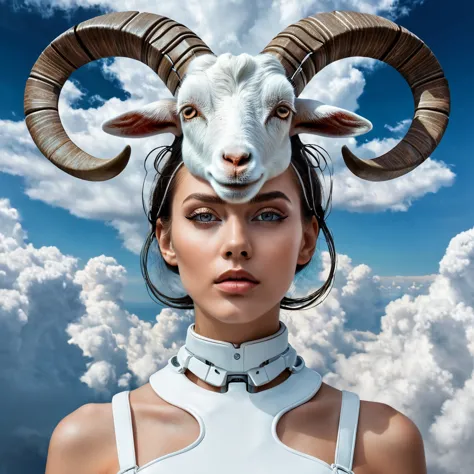 there is a woman with a goat's head in the clouds, digital art by zoran mušič, pexels contest winner, digital art, symmetrical p...