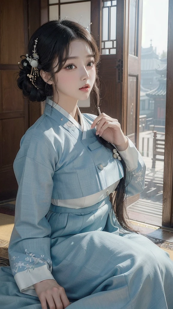 (best quality, 8K, masterpiece: 1.3), ((((((ridiculously big tits: 0.8))))), hairpin, (beautiful face:1.3), authentic hanbok, 1920s Hanbok style and hairstyle, baroque building, 17th century Europe