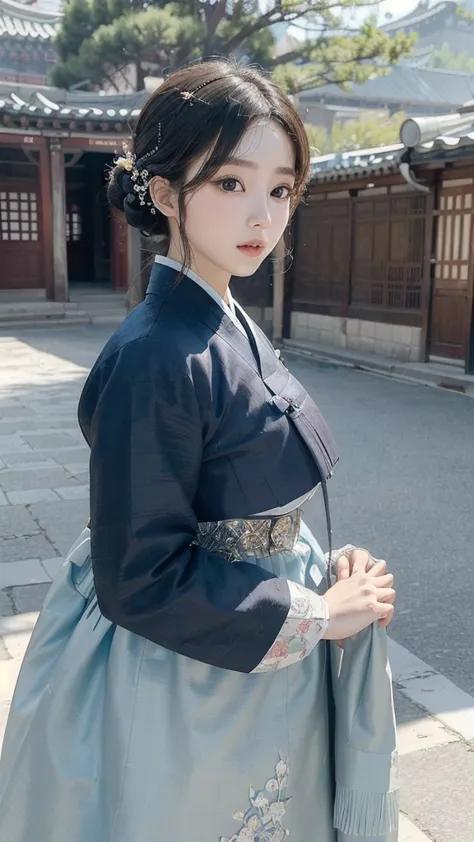 (best quality, 8K, masterpiece: 1.3), ((((((ridiculously big tits: 0.8))))), hairpin, (beautiful face:1.3), authentic hanbok, 19...