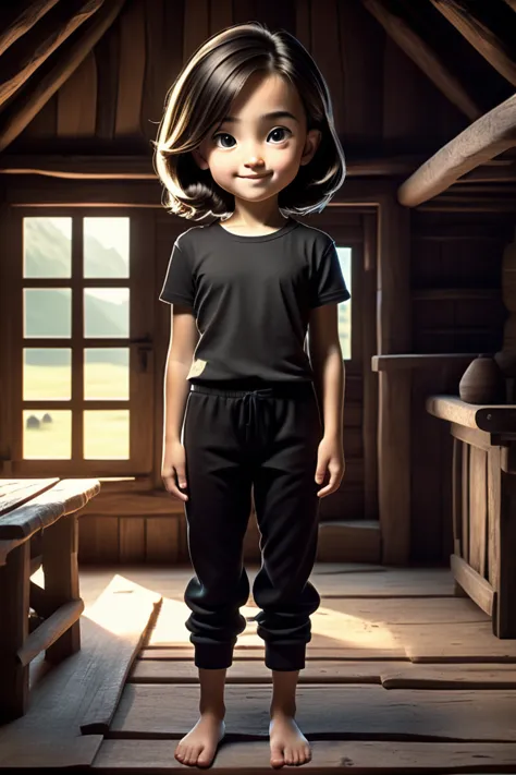 one girl standing alone in a wooden village, hair is short, wearing a t-shirt and black box pants, 
full body, looking at viewer...