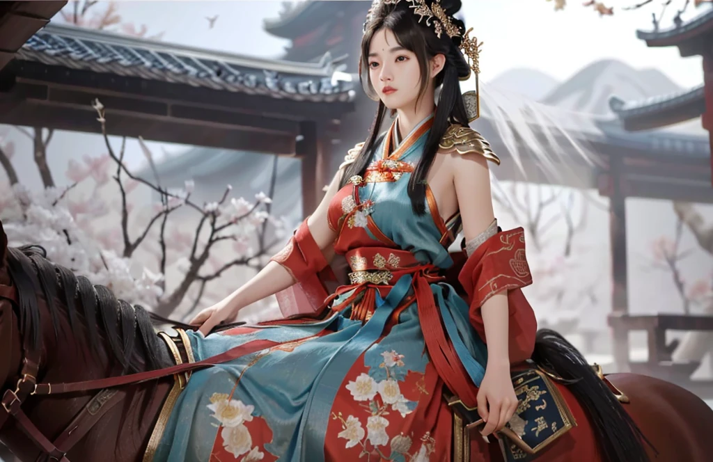 a close up of a woman riding a horse with a bird on her shoulder, inspired by Du Qiong, full body wuxia, xianxia hero, inspired by Wu Zuoren, inspired by Li Mei-shu, beautiful render of tang dynasty, female samurai, chinese warrior, inspired by Ju Lian, inspired by Cao Zhibai, bian lian