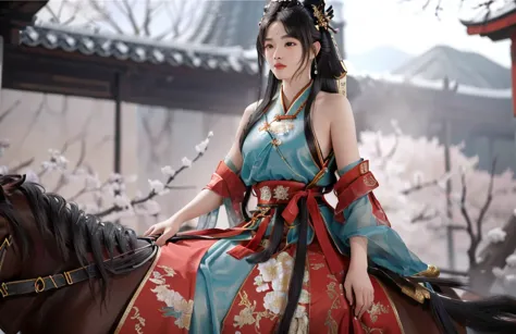 a close up of a woman riding a horse with a bird on her shoulder, inspired by Du Qiong, full body wuxia, xianxia hero, inspired ...