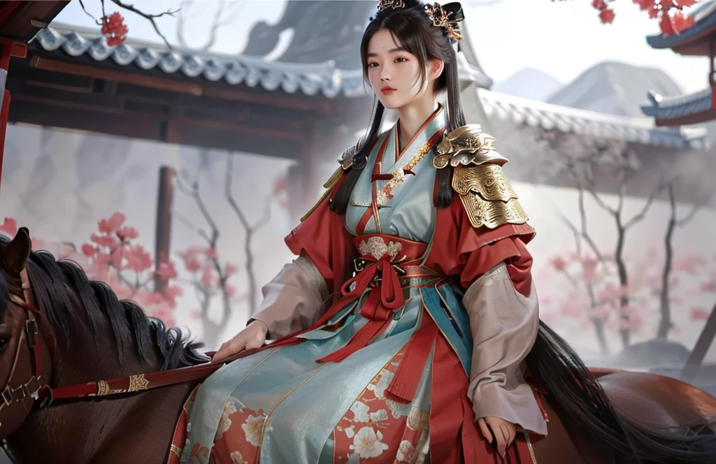 un primer plano de una mujer montando un caballo con un pájaro en el hombro, inspirado en Du Qiong, full body wuxia, xianxia hero, inspirado en Wu Zuoren, inspirado en Li Mei Shu, hermosa representación de la dinastía tang, mujer samurái, guerrero chino, inspirado en Ju Lian, inspirado en Cao Zhibai, bian lian