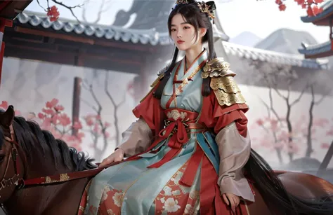 a close up of a woman riding a horse with a bird on her shoulder, inspired by Du Qiong, full body wuxia, xianxia hero, inspired ...