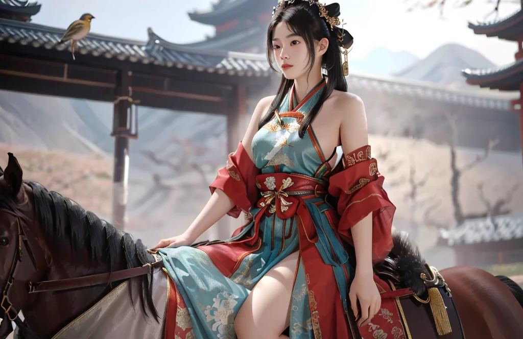 eine Nahaufnahme einer Frau auf einem Pferd mit einem Vogel auf der Schulter, inspiriert von Du Qiong, Ganzkörper-Wuxia, Xianxia-Held, inspiriert von Wu Zuoren, inspiriert von Li Mei-Shu, wunderschöne Darstellung der Tang-Dynastie, weibliche Samurai, Chinesischer Krieger, inspiriert von Ju Lian, Inspiriert von Cao Zhibai, Bian Lian