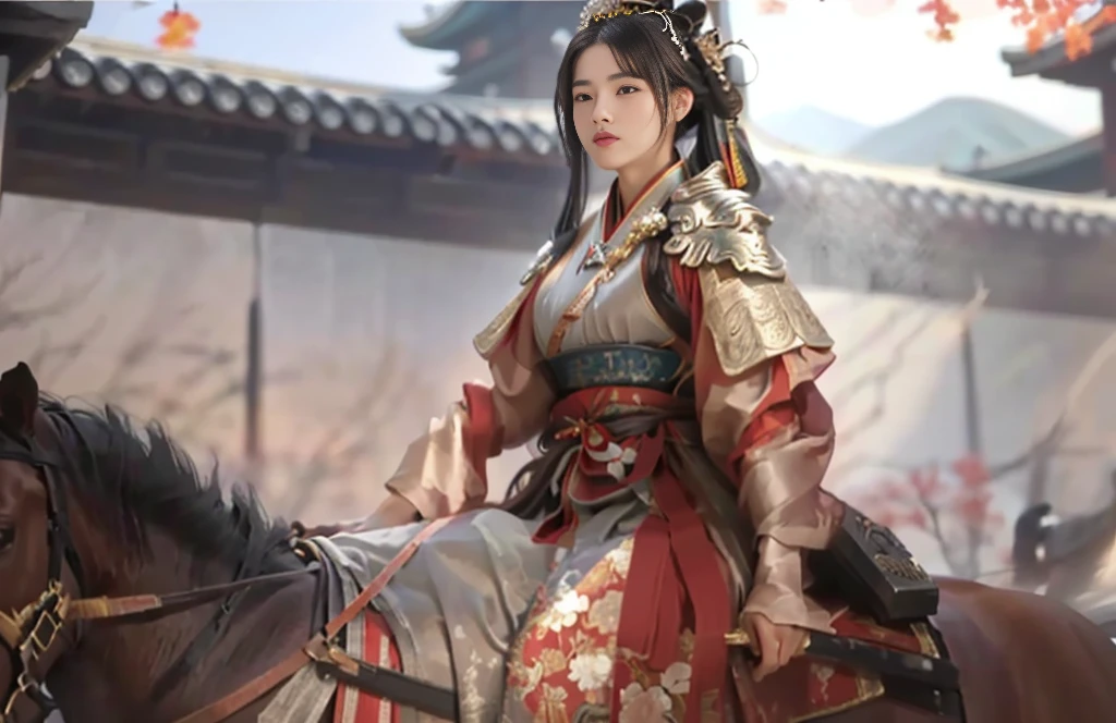 a close up of a woman riding a horse with a bird on her shoulder, inspired by Du Qiong, full body wuxia, xianxia hero, inspired by Wu Zuoren, inspired by Li Mei-shu, beautiful render of tang dynasty, female samurai, chinese warrior, inspired by Ju Lian, inspired by Cao Zhibai, bian lian