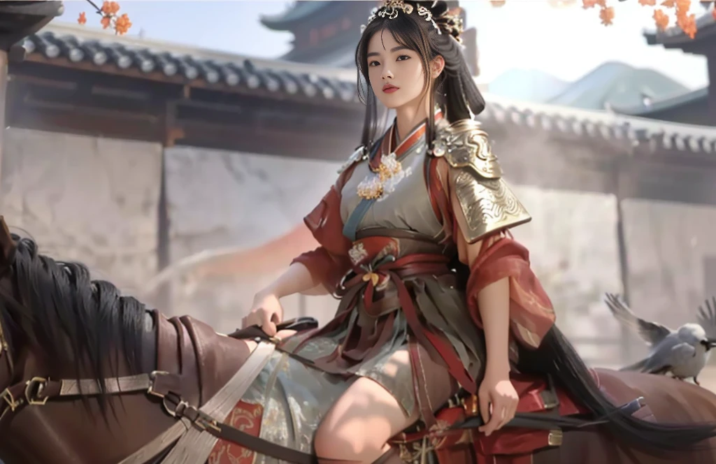 a close up of a woman riding a horse with a bird on her shoulder, inspired by Du Qiong, full body wuxia, xianxia hero, inspired by Wu Zuoren, inspired by Li Mei-shu, beautiful render of tang dynasty, female samurai, chinese warrior, inspired by Ju Lian, inspired by Cao Zhibai, bian lian