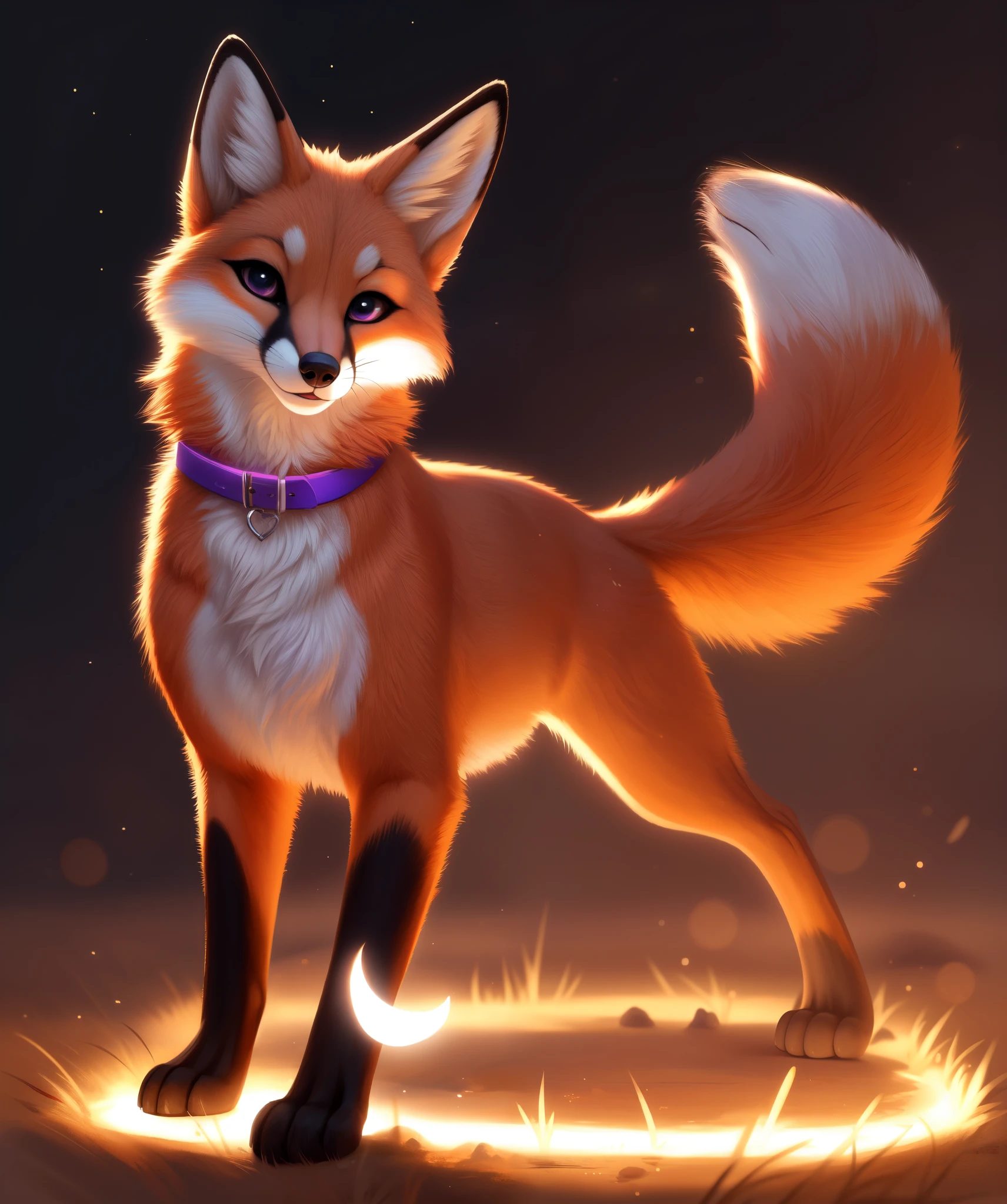 masterpiece, best quality, ultra high res, a cute female feral fox, beautiful, visually stunning, elegant, purple collar, glowing
