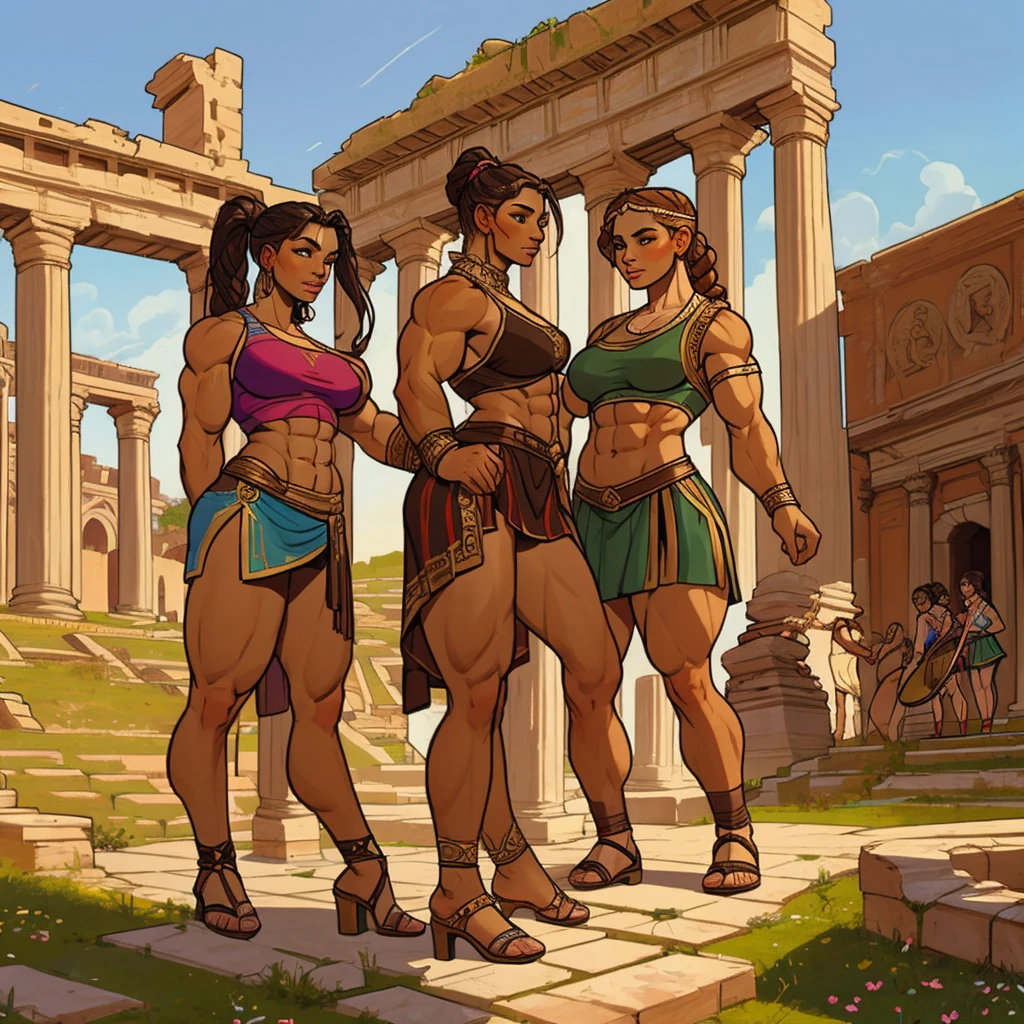 ancient rome, roman villa background, group of young girls, female gladiators, young, teens, muscular, athletic, buff, attractive, curvy, powerful, varied ethnicities, incase, painterly style, 