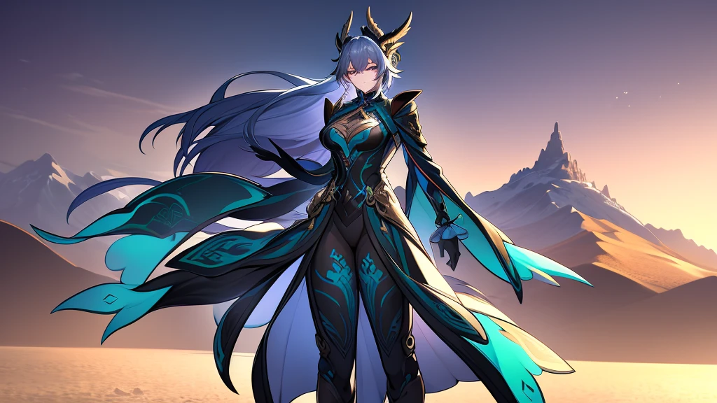 The character belongs to the moolong race and as such has minimal dragon characteristics of her race due to being human and is wearing a detailed and stylized costume.. The outfit consists of a long coat in blue-green and black., with silver prints and decorations that give it an ornate appearance. The coat has asymmetrical tails, longer in the back, which gives dynamism to the look. Underneath the coat, there is a tight black jumpsuit or armor that covers from neck to feet, accentuating the character&#39;s shape and providing an elegant contrast. with the elaborate coat. The coat&#39;s shoulders are adorned with structured, armor-like pieces, also with designs in teal and silver, contributing to a majestic, battle-ready aesthetic. Waist band, with attached pockets, suggesting practicality amidst elegance. The character&#39;s arms are partially covered by detached sleeves or gauntlets that match in color and design with the rest of the costume.. Completing the ensemble are over-the-knee boots., apparently made of durable material, suitable for combat or travel. They share the same color palette as the rest of the apparel.: blue-green details on predominantly black material, with metal plates that can serve as protection, 
oriental clothes, the scenery in the background and of eastern peaks and mountains,