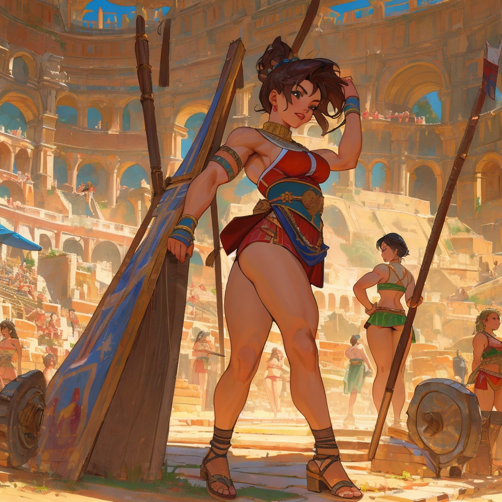 ancient rome, roman villa background, group of young girls, female gladiators, young, teens, muscular, athletic, buff, attractive, curvy, powerful, varied ethnicities, incase, painterly style, 
