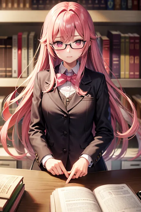 a girl wearing glasses reading in a library. long hair, pink hair, pink eye color, looks sleepy.