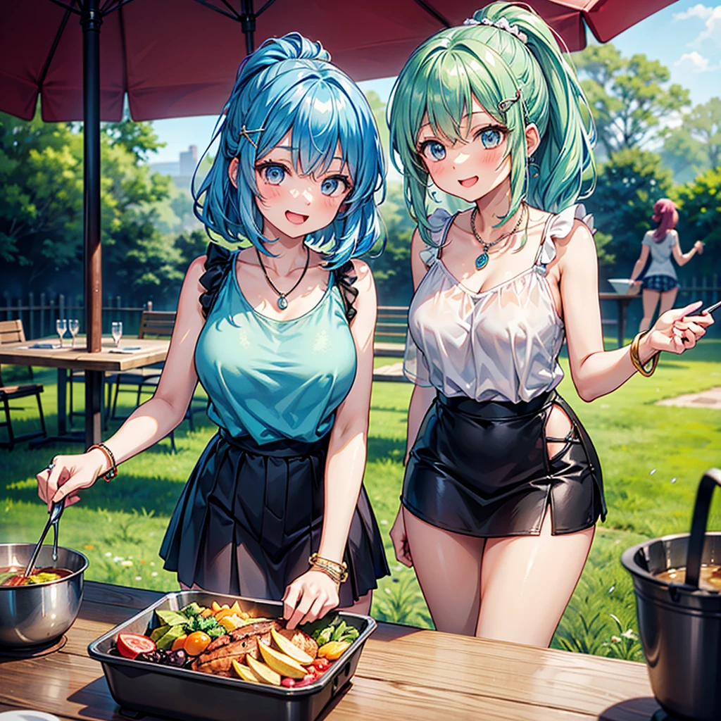 Anime-Moe-Kunststil,höchste Qualität,Hohe Auflösung,anatomisch korrekt,Ein Mädchen,Mitte Teenager,Ein Mädchen mit hellblauen Haaren zu einem Pferdeschwanz,Super detailliert,Fantasiewelt,ärmellose Bluse,Minirock,große Brüste,Glänzende Haut,Schöne Haut,Ein ausdrucksstarker Ausdruck,Lachen mit offenem Mund,PrepaRing for camp,PrepaRing a meal,draussen,Augen detailliert gezeichnet,Haarschmuck,Halskette,Armband,Ring,8K