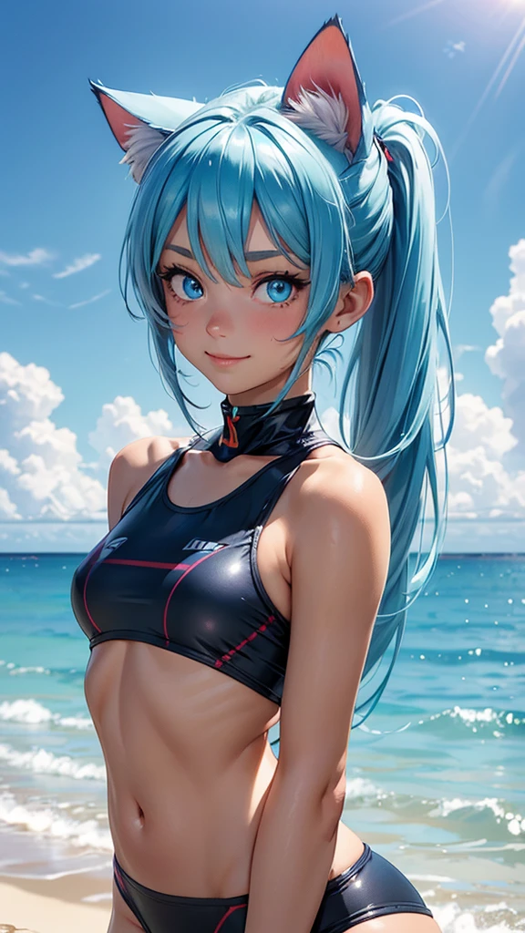 (high resolution, upper body, soft skin:1.2),(best illustration,masterpiece:1.2),ultra-detailed,[(cat ears , aqua blue inside:1.2, blue twin tail hair, aqua blue eyes, cat eyes, tan skin),vivid colors,sharp focus, sun lighting,bokeh, wearing a red plaid swimsuit, smiling, one eye wink 