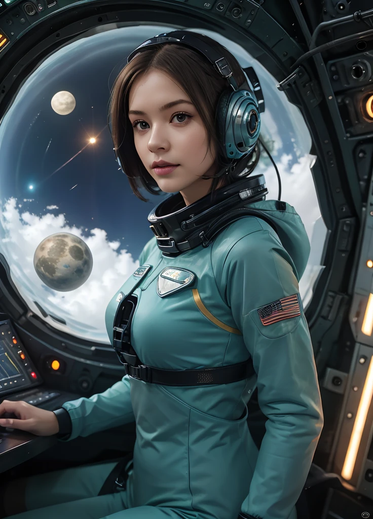 (masterpiece:1.4),(best quality,photorealistic), A beautiful Blonde woman with short hair 28 years old, she is wearing a full length Teal space suit, she has perfect hands and face, she is sitting in a space capsule, there computers and flight controls, and exclusive, Luxury, you can see a moon out of the window, space nebulas, planets, control panel 