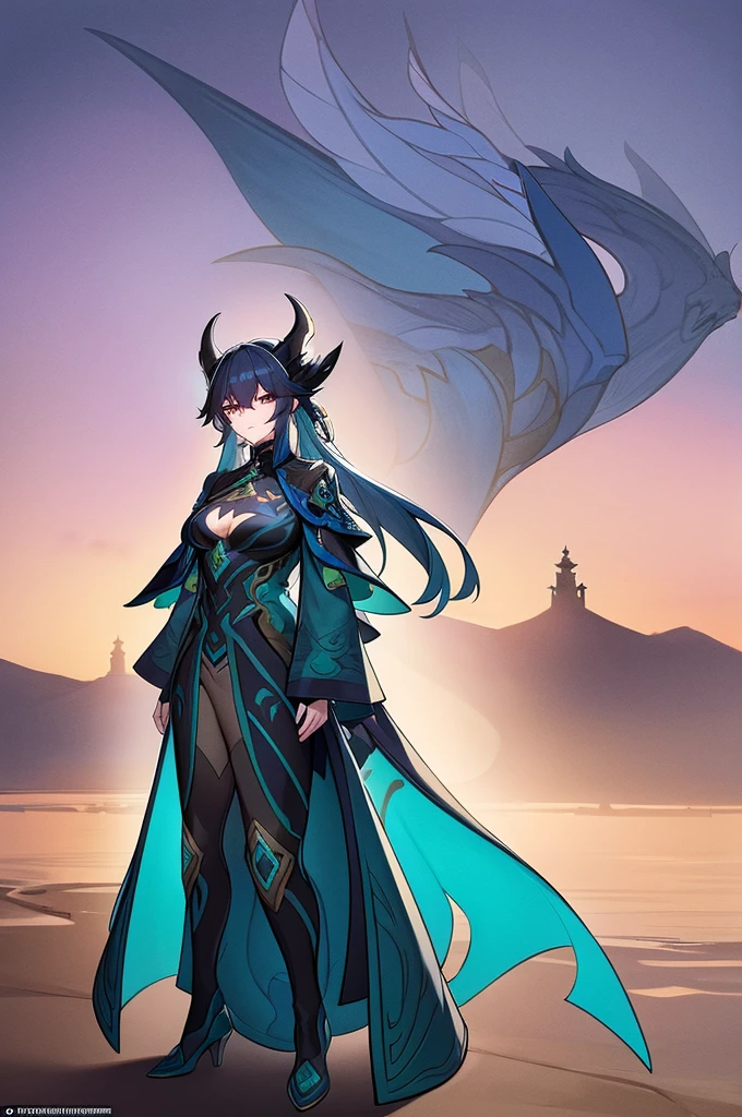The character belongs to the moolong race and as such has minimal dragon characteristics of her race due to being human and is wearing a detailed and stylized costume.. The outfit consists of a long coat in blue-green and black., with silver prints and decorations that give it an ornate appearance. The coat has asymmetrical tails, longer in the back, which gives dynamism to the look. Underneath the coat, there is a tight black jumpsuit or armor that covers from neck to feet, accentuating the character&#39;s shape and providing an elegant contrast. with the elaborate coat. The coat&#39;s shoulders are adorned with structured, armor-like pieces, also with designs in teal and silver, contributing to a majestic, battle-ready aesthetic. Waist band, with attached pockets, suggesting practicality amidst elegance. The character&#39;s arms are partially covered by detached sleeves or gauntlets that match in color and design with the rest of the costume.. Completing the ensemble are over-the-knee boots., apparently made of durable material, suitable for combat or travel. They share the same color palette as the rest of the apparel.: blue-green details on predominantly black material, with metal plates that can serve as protection, 
oriental clothes, the scenery in the background and of eastern peaks and mountains,
