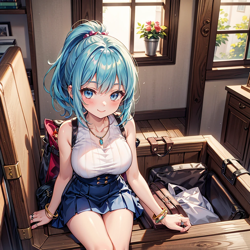 style artistique anime moe,la plus haute qualité,haute résolution,Anatomiquement correct,Une fille,Mi-adolescence,Une fille aux cheveux bleu clair en queue de cheval,Super détaillé,monde fantastique,chemisier sans manches,mini jupe,Gros seins,peau brillante,belle peau,Une expression riche,sourire,Une chambre dans une auberge,Sortir les bagages du sac et les inspecter,S&#39;asseoir,Yeux dessinés en détail,ornements de cheveux,collier,Bracelet,anneau,8k