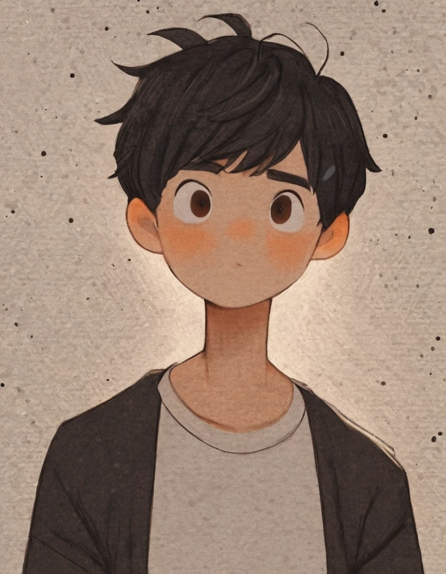 Nellie_Art style, 1 Boy, fish, Solitary, shirt, Brown eyes, white shirt, Short sleeve, short hair, Black Hair, Hairstyle, Upper Body, Looking at the audience, 